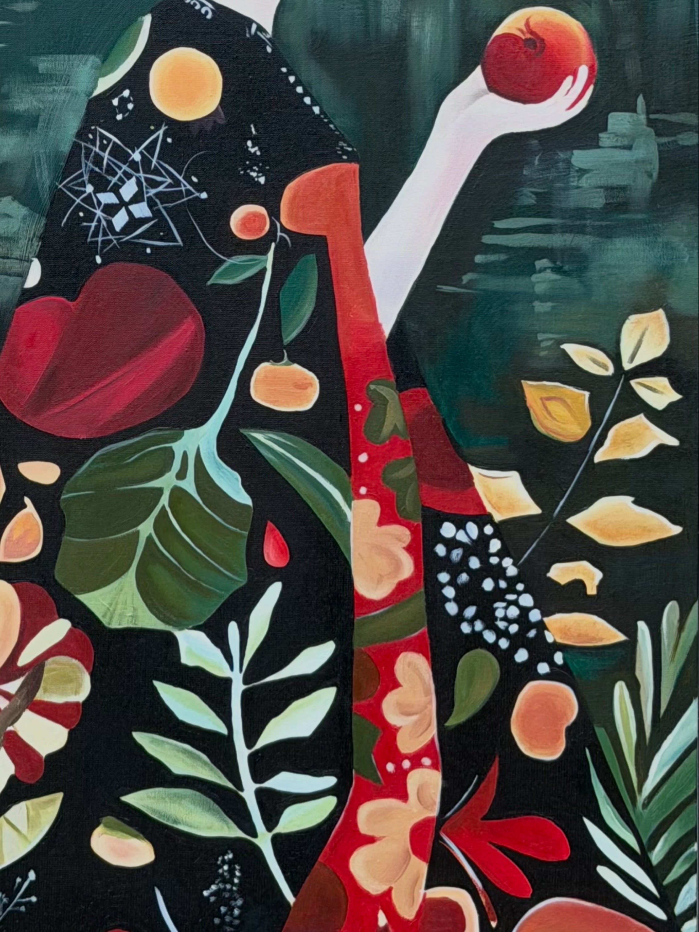 A dark figure surrounded by dense botanical forms and symbols