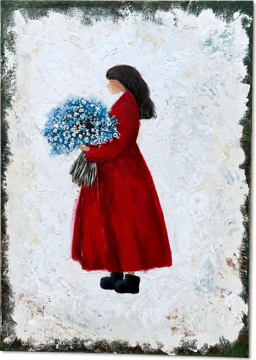A small figure in a red dress holding a blue bouquet
