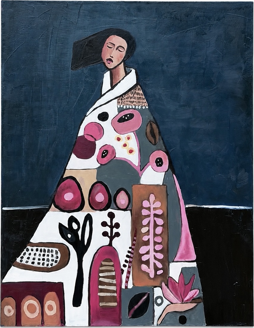 A solitary figure in a richly patterned dress against a deep blue ground