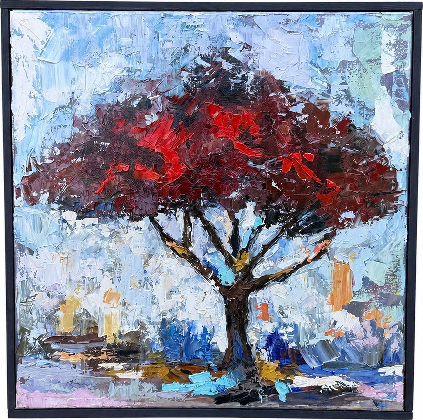 A red-crowned tree in a cool blue and white landscape