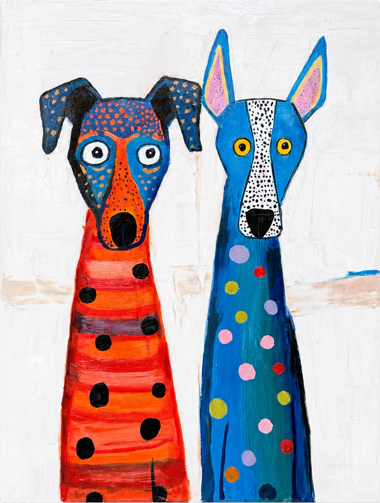 Two graphic elongated dogs in red, blue and black